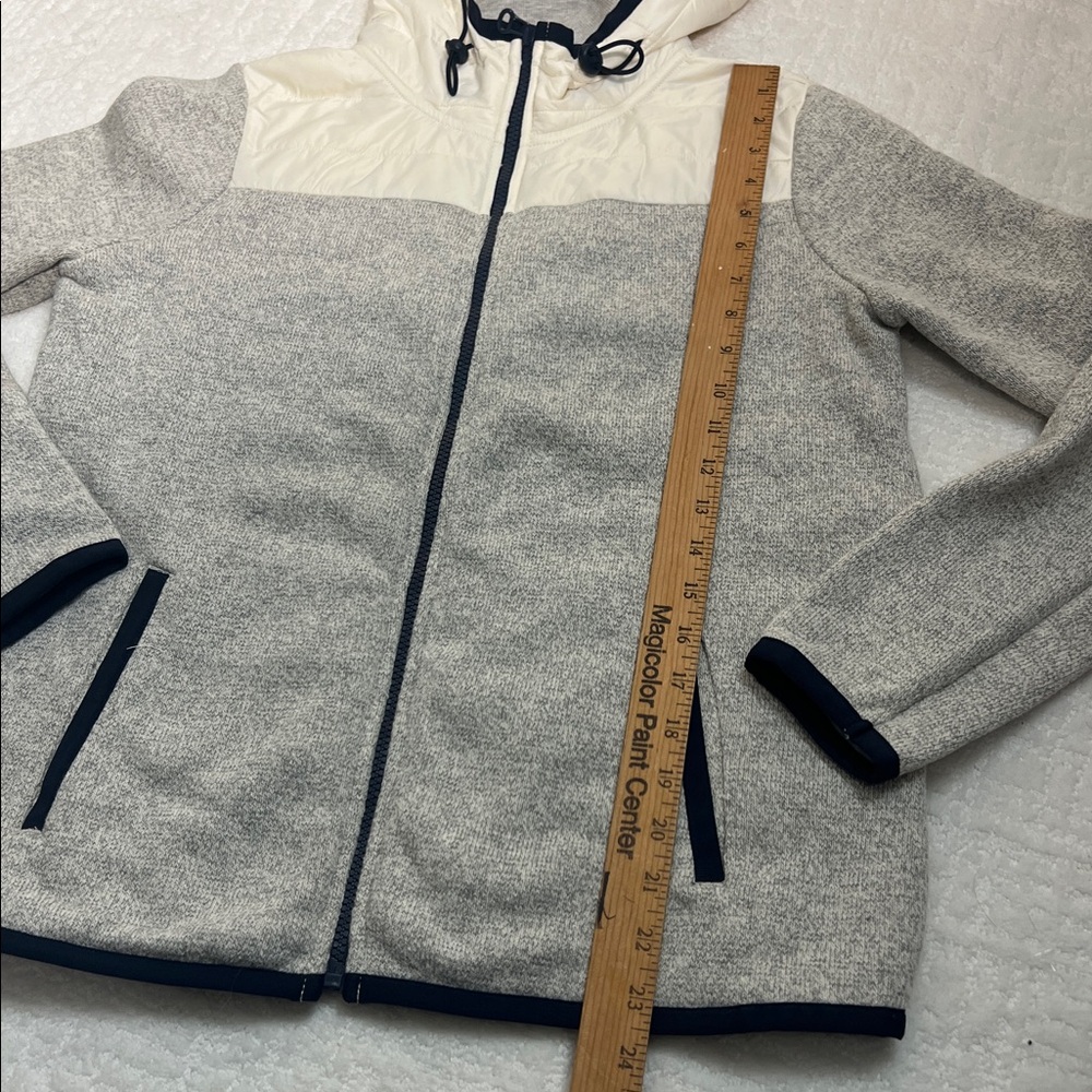 Tommy Hilfiger athluxe hooded fleece puffer hoodie zip jacket gray navy cream M - Picture 7 of 9